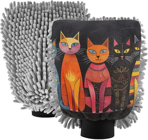 AIXIWAWA Car Wash Mitt Washing Glove Scratch Free Water Absorbent 2 Pack Large Brightly Colored Cats Print in Saudi Arabia