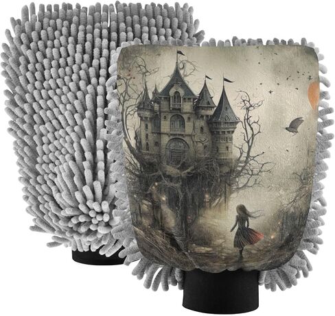 AIXIWAWA Car Wash Mitt Washing Glove Scratch Free Water Absorbent 2 Pack Medium Gothic Castle Print in Saudi Arabia