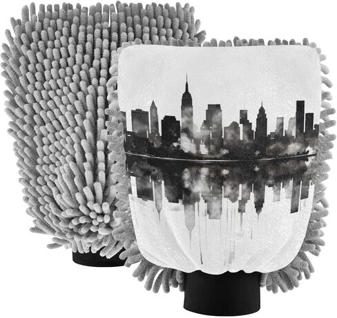 AIXIWAWA Car Wash Mitt Washing Glove Scratch Free Water Absorbent 2 Pack Medium Black White City Print in Saudi Arabia