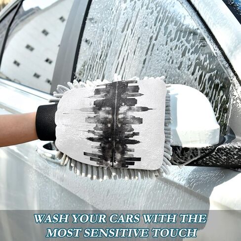 AIXIWAWA Car Wash Mitt Washing Glove Scratch Free Water Absorbent 2 Pack Medium Black White City Print in Saudi Arabia