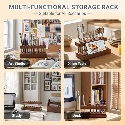 Pencil & Pen organizer for Desk,Wooden pen holder with Phone Stand for Office & Home,Solid Walnut Pencil Display Stand (Double-row - Walnut) in Saudi Arabia