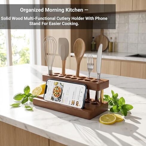 Pencil & Pen organizer for Desk,Wooden pen holder with Phone Stand for Office & Home,Solid Walnut Pencil Display Stand (Double-row - Walnut) in Saudi Arabia