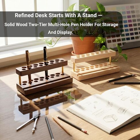 Pencil & Pen organizer for Desk,Wooden pen holder with Phone Stand for Office & Home,Solid Walnut Pencil Display Stand (Double-row - Walnut) in Saudi Arabia