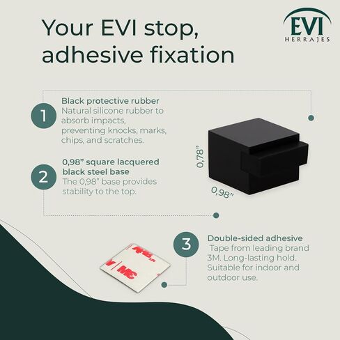 EVI Herrajes | Square Door Stop | 0,98 x 0,98 x 0,78 inch | Solid Brass, Rustic Finish - Black Rubber | Adhesive Mount | I-791/25RU in Kuwait