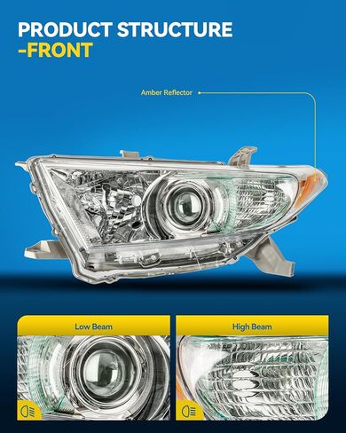 PHILTOP Headlights Assembly Compatible with 2011-2013 Toyota Highlander,Chrome Housing Clear Lens Amber Reflector,Halogen Headlamps (Driver + Passenger Side) in Saudi Arabia