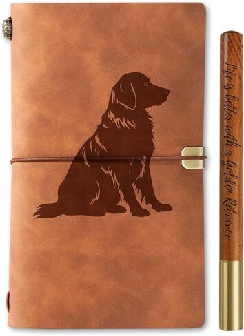 هدايا InnoBeta Golden Retriever للنساء، مجلة Golden Retriever وقلم دفتر ملاحظات قابل لإعادة الملء من الجلد النباتي، دفتر رسم، مذكرات سفر، 7.8 × 5 بوصات in Kuwait