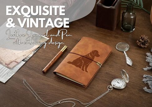 هدايا InnoBeta Golden Retriever للنساء، مجلة Golden Retriever وقلم دفتر ملاحظات قابل لإعادة الملء من الجلد النباتي، دفتر رسم، مذكرات سفر، 7.8 × 5 بوصات in Kuwait