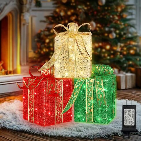 LAMPHOME Christmas Lighted Boxes, 70 LED of 3 Lighted Clear Acrylic Gift Box Decorations,Warm Lights with Flasher,Pathway Decorative Box, Christmas Tree Skirt Ornament for Garden,Party in Saudi Arabia