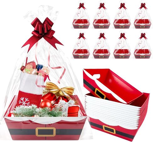42 Pcs 14 Pack Christmas Baskets for Gifts Empty 8.5" x 10" with Xmas Pull Bows Clear Present Bags, Red Santa Claus Belt Empty Gift Baskets Kit To Fill for Winter Christmas Holiday Party Favors in Saudi Arabia