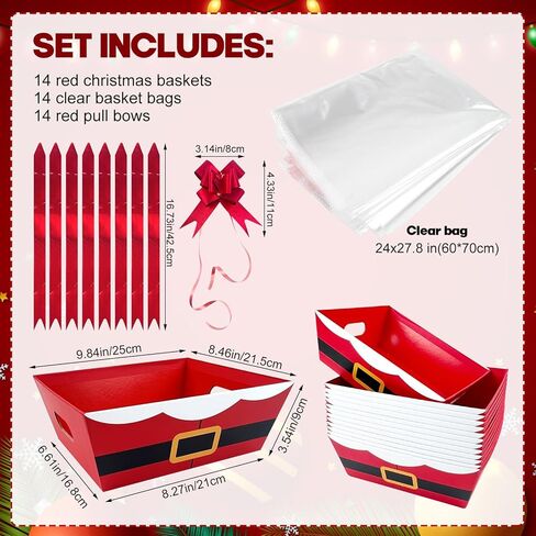 42 Pcs 14 Pack Christmas Baskets for Gifts Empty 8.5" x 10" with Xmas Pull Bows Clear Present Bags, Red Santa Claus Belt Empty Gift Baskets Kit To Fill for Winter Christmas Holiday Party Favors in Saudi Arabia
