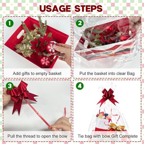 42 Pcs 14 Pack Christmas Baskets for Gifts Empty 8.5" x 10" with Xmas Pull Bows Clear Present Bags, Red Santa Claus Belt Empty Gift Baskets Kit To Fill for Winter Christmas Holiday Party Favors in Saudi Arabia