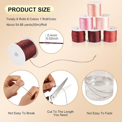 6 Rolls Polyester Metallic Cord Ropes 0.4mm Chinese Knotting Beading Thread for DIY Bracelets Pendants Macrame Tassel Making 54.68 Yards/Roll in Saudi Arabia