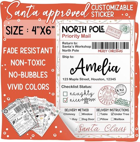 Personalized North Pole Christmas Stickers from Santa - 4"x6" - 3 Designs, Self Adhesive Christmas Gift Tag, Xmas Present Box Stickers for Kids, Family in Saudi Arabia