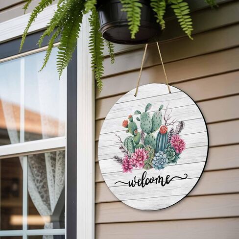 Welcome Sign for Front Door Cartoon Cactus and Mountains Wooden Wreath for Front Door Home Wall Decor Sunset Desert Round Wood Sign Hanging for Farmhouse Porch Door Decoration in Saudi Arabia