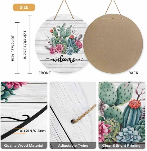 Welcome Sign for Front Door Cartoon Cactus and Mountains Wooden Wreath for Front Door Home Wall Decor Sunset Desert Round Wood Sign Hanging for Farmhouse Porch Door Decoration in Saudi Arabia