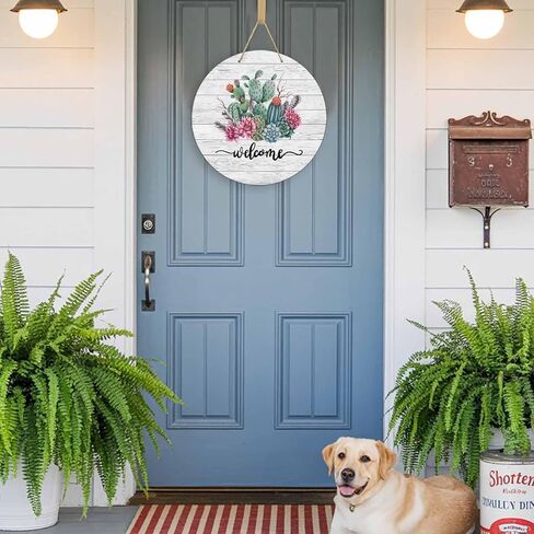 Welcome Sign for Front Door Cartoon Cactus and Mountains Wooden Wreath for Front Door Home Wall Decor Sunset Desert Round Wood Sign Hanging for Farmhouse Porch Door Decoration in Saudi Arabia
