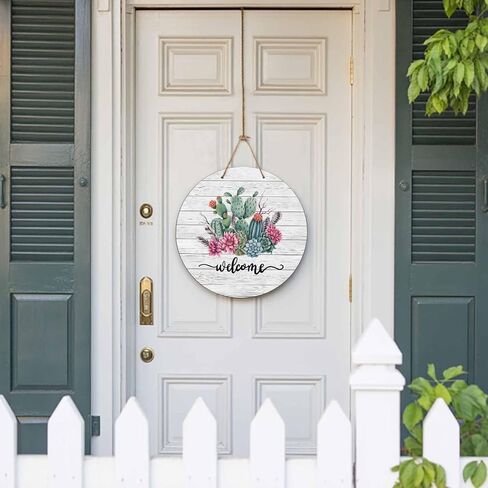 Welcome Sign for Front Door Cartoon Cactus and Mountains Wooden Wreath for Front Door Home Wall Decor Sunset Desert Round Wood Sign Hanging for Farmhouse Porch Door Decoration in Saudi Arabia