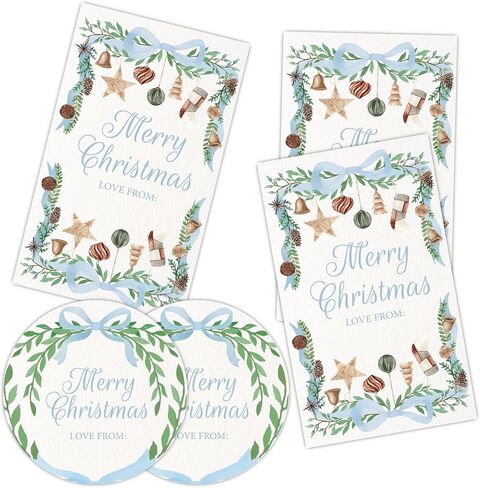 Merry Christmas Decorative Labels Stickers, Christmas Blue Bow Thank You Stickers to Envelopes, Gift Boxes, Seal Goodie Bags, 20 Round and 20 Rectangular Labels, Xmas Party Supplies-A02 in Saudi Arabia