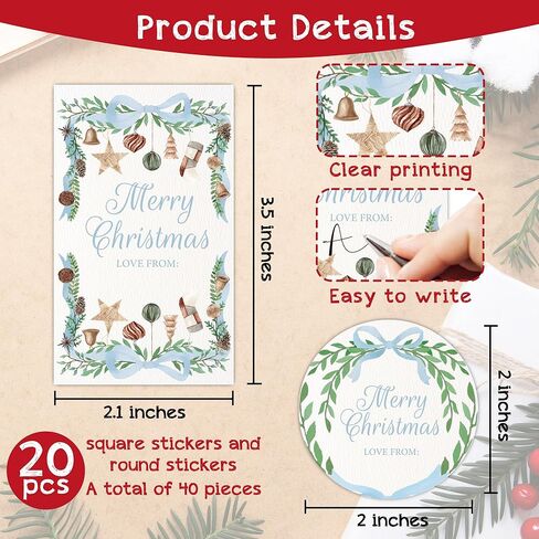 Merry Christmas Decorative Labels Stickers, Christmas Blue Bow Thank You Stickers to Envelopes, Gift Boxes, Seal Goodie Bags, 20 Round and 20 Rectangular Labels, Xmas Party Supplies-A02 in Saudi Arabia