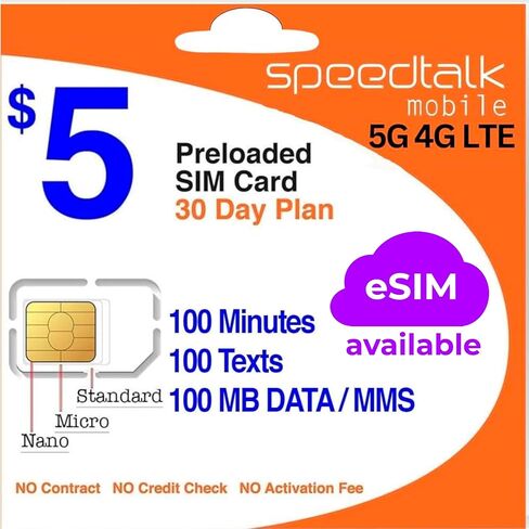 خطة SpeedTalk Mobile للدفع اللاسلكي المدفوعة مسبقًا بقيمة 5 دولارات للهواتف الذكية والهواتف المحمولة | 5G 4G LTE | 100 محادثة، 100 نص، 100 ميجابايت من البيانات | بطاقة SIM ثلاثية القطع (ميني، مايكرو، نانو) | لا يوجد عقد | خدمة لمدة 30 يومًا in Kuwait