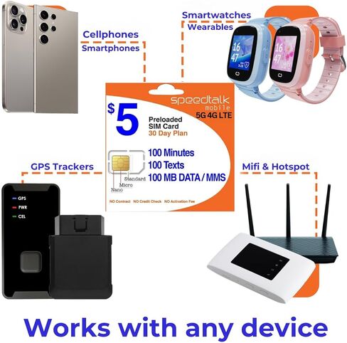خطة SpeedTalk Mobile للدفع اللاسلكي المدفوعة مسبقًا بقيمة 5 دولارات للهواتف الذكية والهواتف المحمولة | 5G 4G LTE | 100 محادثة، 100 نص، 100 ميجابايت من البيانات | بطاقة SIM ثلاثية القطع (ميني، مايكرو، نانو) | لا يوجد عقد | خدمة لمدة 30 يومًا in Kuwait