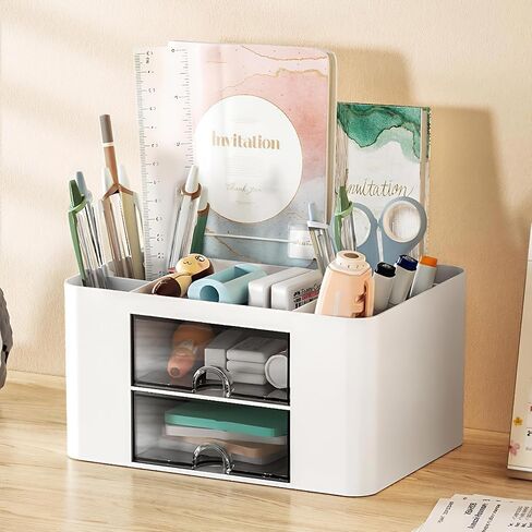 Pen Organizer with 2 Drawer, Multi-Functional Pencil Holder for Desk, Desk Organizers and Accessories with 5 Compartments + Drawer for Office Art Supplies (white) in Saudi Arabia