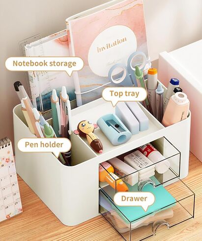 Pen Organizer with 2 Drawer, Multi-Functional Pencil Holder for Desk, Desk Organizers and Accessories with 5 Compartments + Drawer for Office Art Supplies (white) in Saudi Arabia