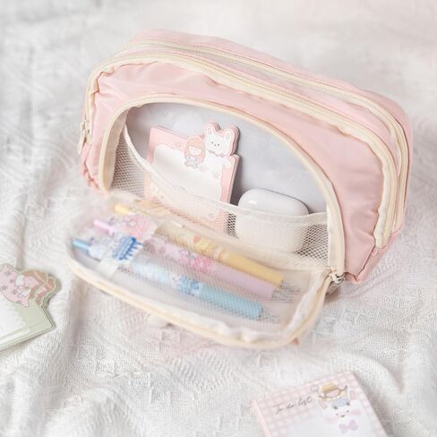 Kawaii Pencil Case Aesthetic Large Cute Pencil Pouch with Cartoon Iron On Patches Holder Preppy Supplies for Girls Women (Pink) in Kuwait