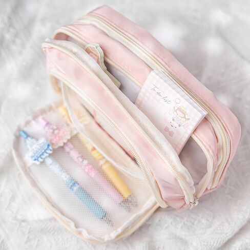 Kawaii Pencil Case Aesthetic Large Cute Pencil Pouch with Cartoon Iron On Patches Holder Preppy Supplies for Girls Women (Pink) in Kuwait