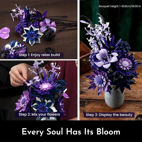 Dahlia Flower Bouquet Building Set for Adults, Christmas Creative Gift for Women Girlfriend Gothic Botanical Collection - Buildable Purple Artificial Floral for Home or Office Decor (609 PCS) in Saudi Arabia