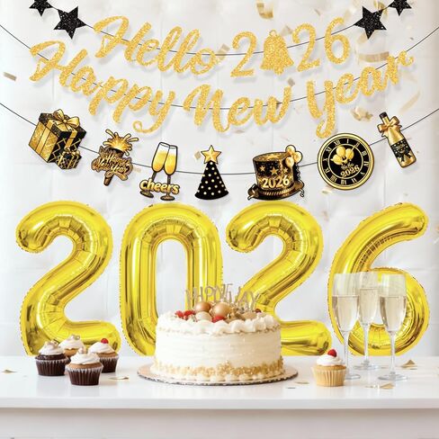 لافتة Hello 2026 Happy New Year مع بالون، بدون بريق ذهبي لديكورات العام الجديد 2026 لديكورات NYE 2026 لوازم حفلات ليلة رأس السنة الجديدة السعيدة in Kuwait