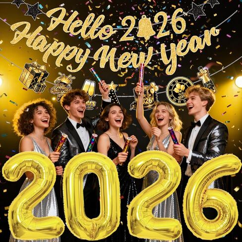 لافتة Hello 2026 Happy New Year مع بالون، بدون بريق ذهبي لديكورات العام الجديد 2026 لديكورات NYE 2026 لوازم حفلات ليلة رأس السنة الجديدة السعيدة in Kuwait