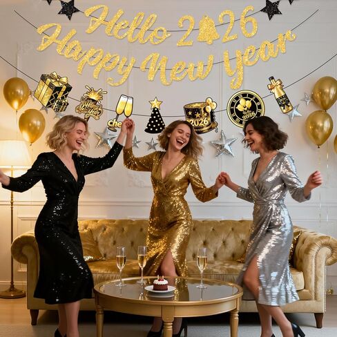 لافتة Hello 2026 Happy New Year مع بالون، بدون بريق ذهبي لديكورات العام الجديد 2026 لديكورات NYE 2026 لوازم حفلات ليلة رأس السنة الجديدة السعيدة in Kuwait