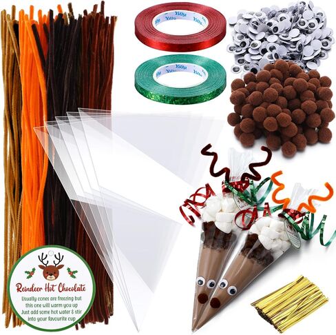 100 Sets Christmas Hot Cocoa Bar Supplies DIY Claus Reindeer Cone Cellophane Bag Hot Chocolate Bar Popcorn Marshmallow Treat Cone Bags Christmas Party Favor in Saudi Arabia
