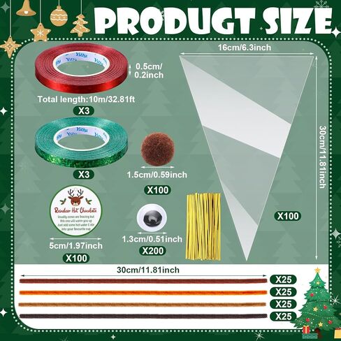 100 Sets Christmas Hot Cocoa Bar Supplies DIY Claus Reindeer Cone Cellophane Bag Hot Chocolate Bar Popcorn Marshmallow Treat Cone Bags Christmas Party Favor in Saudi Arabia
