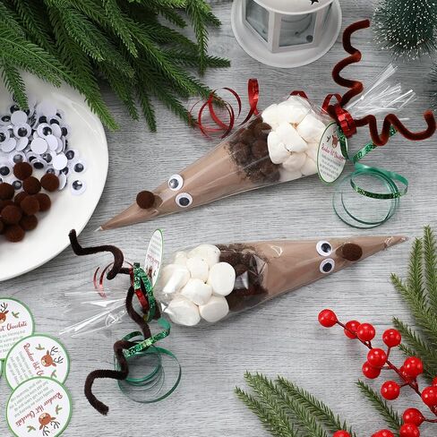 100 Sets Christmas Hot Cocoa Bar Supplies DIY Claus Reindeer Cone Cellophane Bag Hot Chocolate Bar Popcorn Marshmallow Treat Cone Bags Christmas Party Favor in Saudi Arabia
