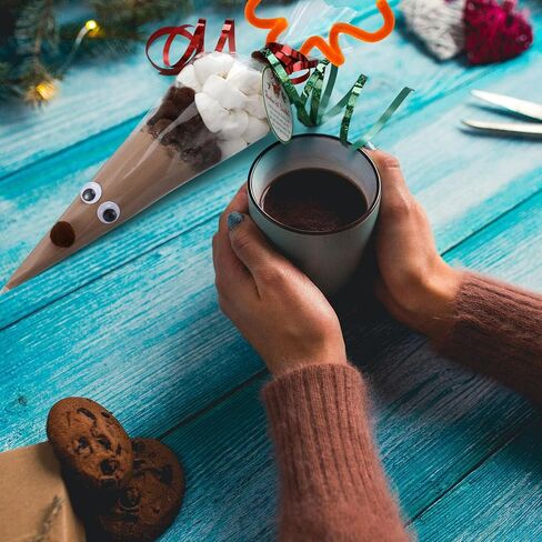 100 Sets Christmas Hot Cocoa Bar Supplies DIY Claus Reindeer Cone Cellophane Bag Hot Chocolate Bar Popcorn Marshmallow Treat Cone Bags Christmas Party Favor in Saudi Arabia
