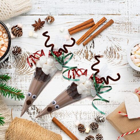 100 Sets Christmas Hot Cocoa Bar Supplies DIY Claus Reindeer Cone Cellophane Bag Hot Chocolate Bar Popcorn Marshmallow Treat Cone Bags Christmas Party Favor in Saudi Arabia