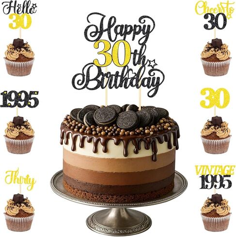 18th Birthday Decorations Cake Cupcake Toppers Set, Black Gold Glitter Happy 18th Birthday Cupcake Cake Topper Birthday Decorations for Him Her Boy Girls (1piece + 24pcs) (18thBirthday) in Saudi Arabia