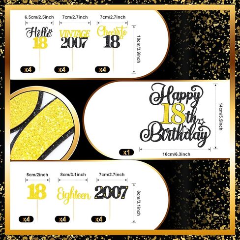 18th Birthday Decorations Cake Cupcake Toppers Set, Black Gold Glitter Happy 18th Birthday Cupcake Cake Topper Birthday Decorations for Him Her Boy Girls (1piece + 24pcs) (18thBirthday) in Saudi Arabia