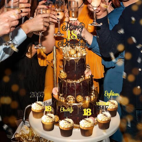 18th Birthday Decorations Cake Cupcake Toppers Set, Black Gold Glitter Happy 18th Birthday Cupcake Cake Topper Birthday Decorations for Him Her Boy Girls (1piece + 24pcs) (18thBirthday) in Saudi Arabia