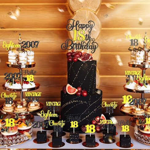 18th Birthday Decorations Cake Cupcake Toppers Set, Black Gold Glitter Happy 18th Birthday Cupcake Cake Topper Birthday Decorations for Him Her Boy Girls (1piece + 24pcs) (18thBirthday) in Saudi Arabia