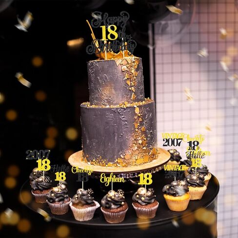 18th Birthday Decorations Cake Cupcake Toppers Set, Black Gold Glitter Happy 18th Birthday Cupcake Cake Topper Birthday Decorations for Him Her Boy Girls (1piece + 24pcs) (18thBirthday) in Saudi Arabia