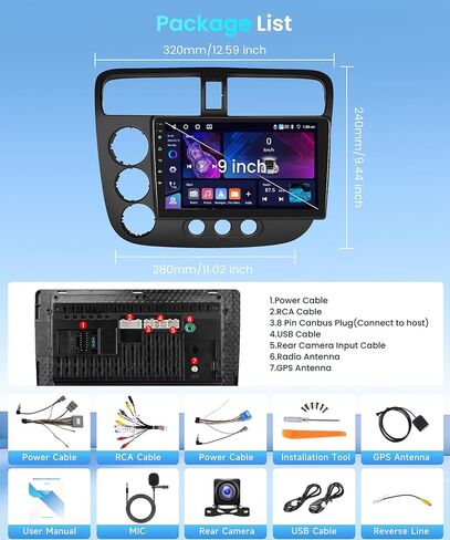2 + 64 جيجا لسيارة Honda Civic 2001-2005 راديو السيارة مع Carplay اللاسلكي/Android Auto Android Car Stereo 9 بوصة تعمل باللمس GPS Navigation WiFi Bluetooth FM/RDS Mirror Link SWC كاميرا احتياطية in Saudi Arabia