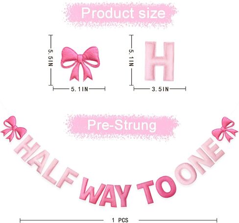 Pink Bow 1/2 Birthday Decorations Handmade Felt Pre-Strung Half Way To One Sign Banner with Pink Bow for 6 months Birthday Half Way To One Baby Girl Decorations Party Nursery Home Wall Fireplace Decor in Saudi Arabia