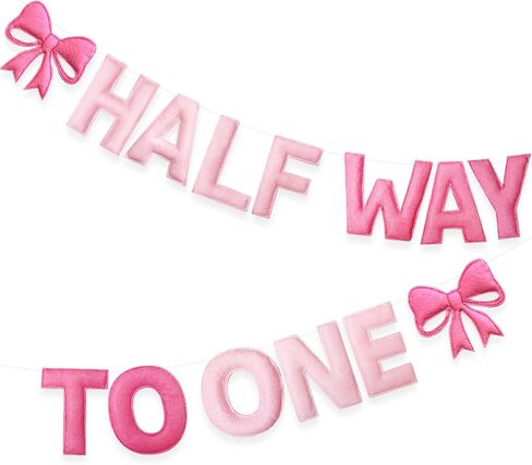 Pink Bow 1/2 Birthday Decorations Handmade Felt Pre-Strung Half Way To One Sign Banner with Pink Bow for 6 months Birthday Half Way To One Baby Girl Decorations Party Nursery Home Wall Fireplace Decor in Saudi Arabia