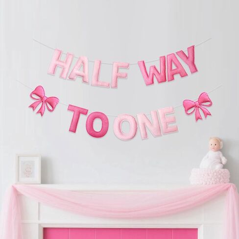 Pink Bow 1/2 Birthday Decorations Handmade Felt Pre-Strung Half Way To One Sign Banner with Pink Bow for 6 months Birthday Half Way To One Baby Girl Decorations Party Nursery Home Wall Fireplace Decor in Saudi Arabia
