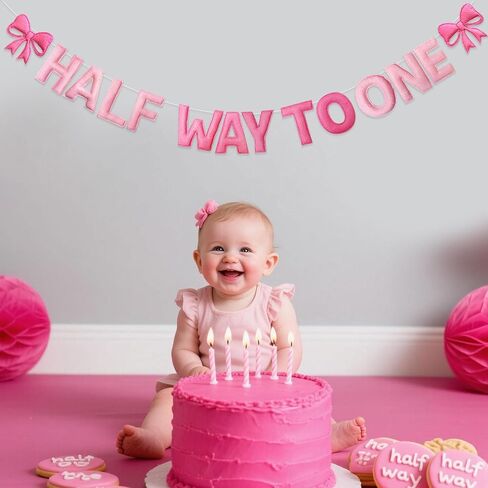 Pink Bow 1/2 Birthday Decorations Handmade Felt Pre-Strung Half Way To One Sign Banner with Pink Bow for 6 months Birthday Half Way To One Baby Girl Decorations Party Nursery Home Wall Fireplace Decor in Saudi Arabia