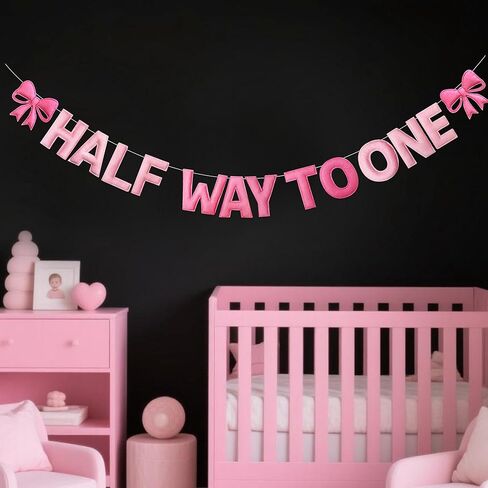 Pink Bow 1/2 Birthday Decorations Handmade Felt Pre-Strung Half Way To One Sign Banner with Pink Bow for 6 months Birthday Half Way To One Baby Girl Decorations Party Nursery Home Wall Fireplace Decor in Saudi Arabia