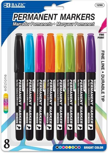 BAZIC Products Permanent Marker Fine Tip Assorted Color Markers, Coloring Doodling on Plastic Wood Metal Glass Stone, for School Office Art (8/Pack), 1-Pack in Saudi Arabia